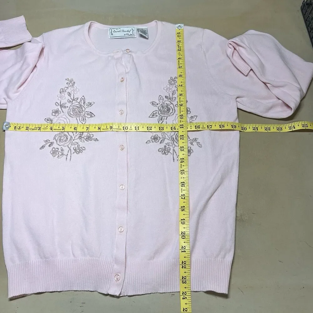 Vintage Sarah Bentley Womens Beaded Cardigan Size M Dainty Pink Grandmacore